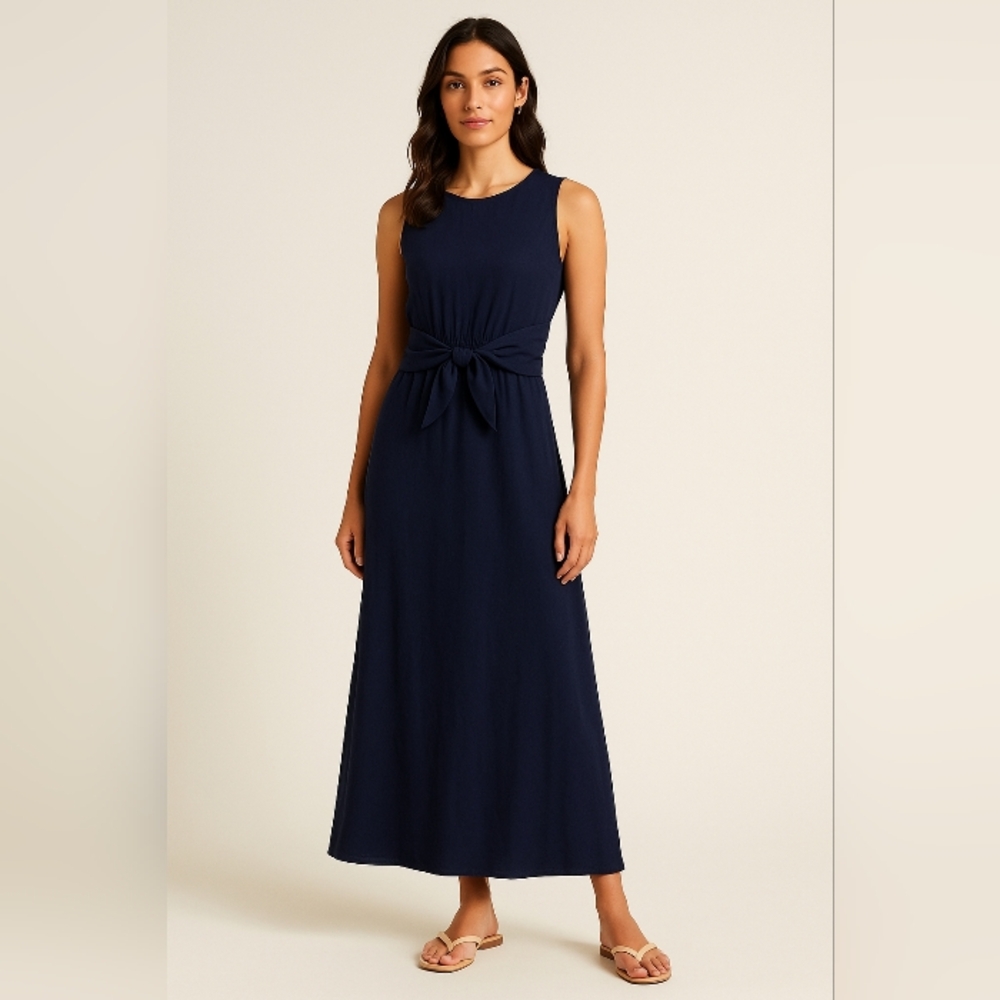 Stanton Navy Linen-Blend Sleeveless Maxi Dress with Tie Back Bow Size Small‎